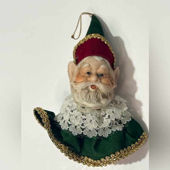 Source Unknown Other - RARE Vintage Gnome Santa Elf Ornament Ceramic Velvet Lace Taiwan